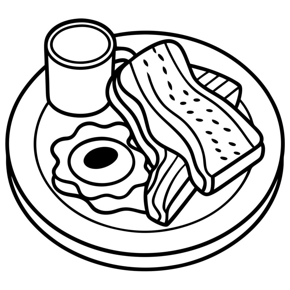 Buttered grilled toasts with crispy bacon and frieds eggs in a plate.with a coup of coffee AIG51A. vector