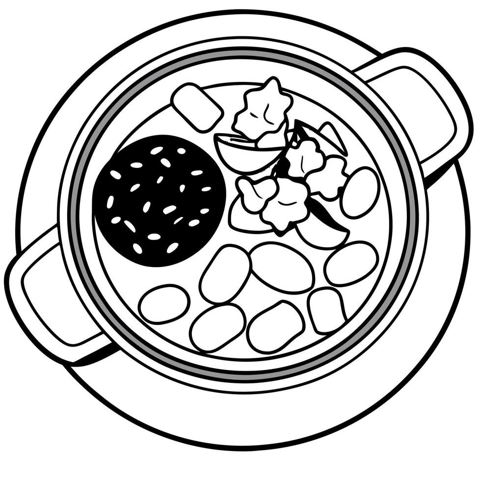 Close up top view of stone soup with red beans potatoes chorizo and black pudding in a wooden tray vector