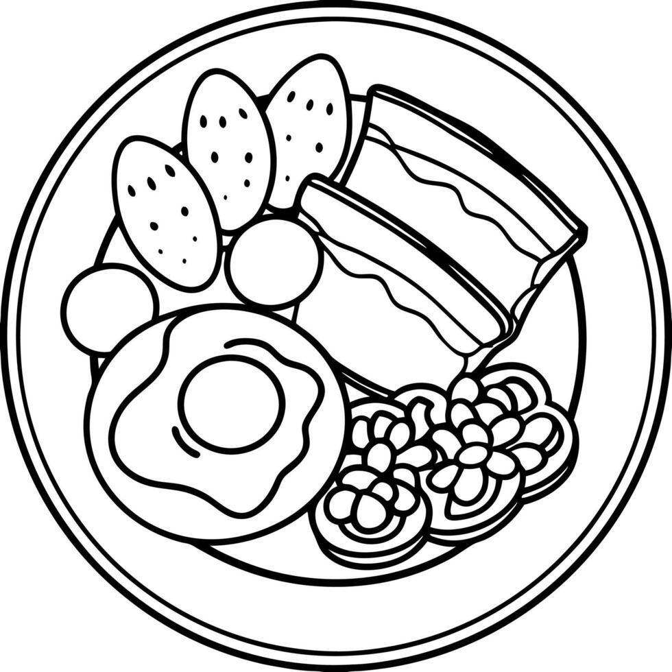 Classic English Breakfast Platter with Eggs. Bacon. Sausages. Beans. Tomatoes. and Toast on White Pl vector