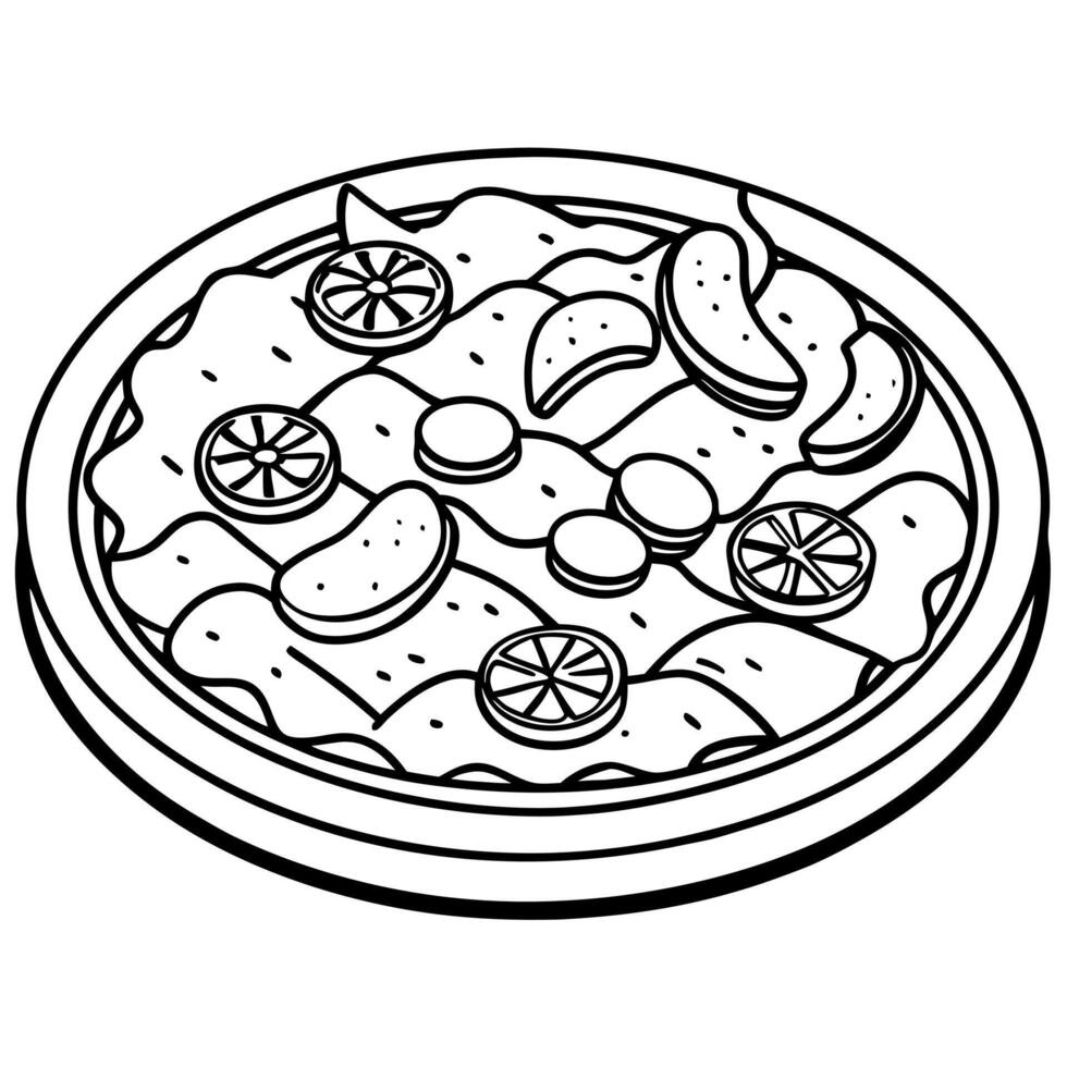 A meat lovers pizza loaded with pepperoni. sausage. ham. bacon. and ground beef. on a baking tray. vector