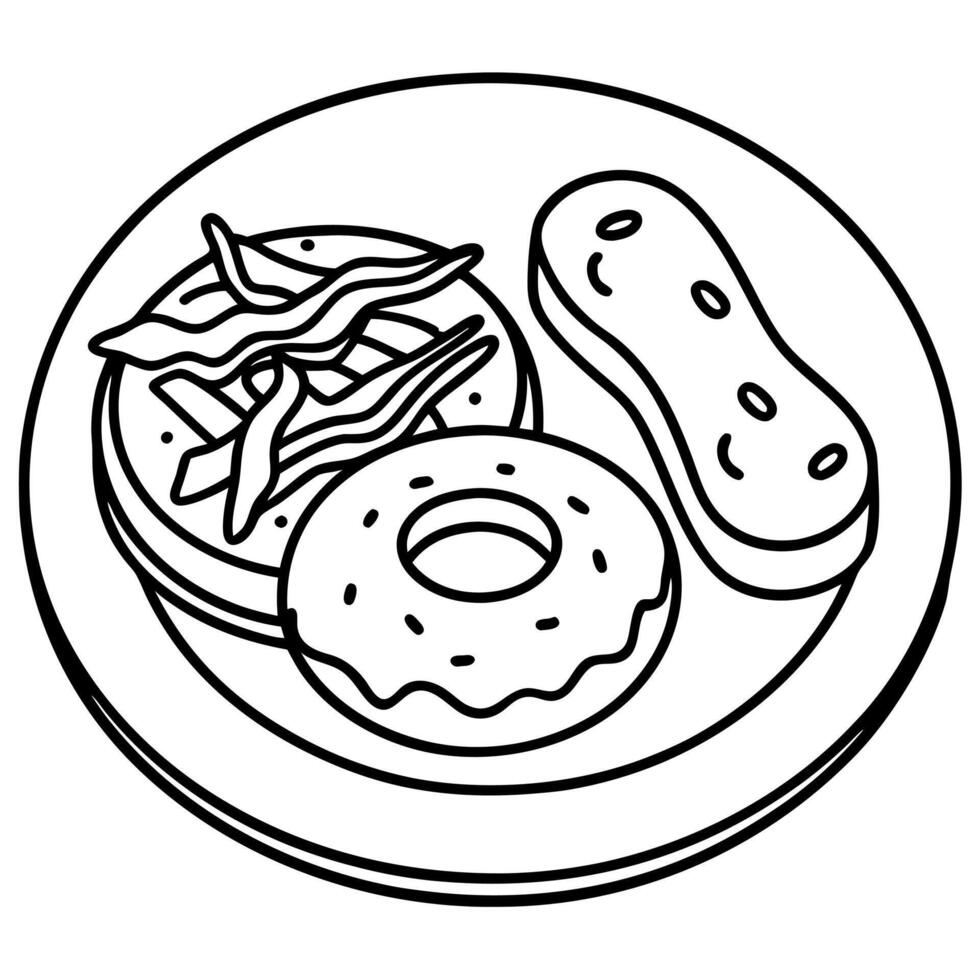 A dish of baked goods. a bagel. topped with scrambled eggs. bacon. and cheese. served on a plate. vector