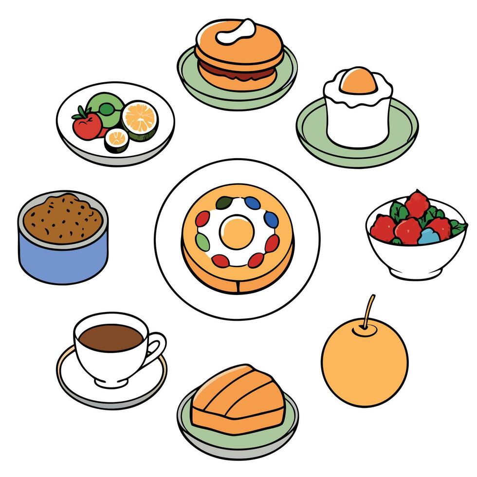 An image featuring a diversity of nine breakfast dishes including pancakes. eggs. meats. and soup vector