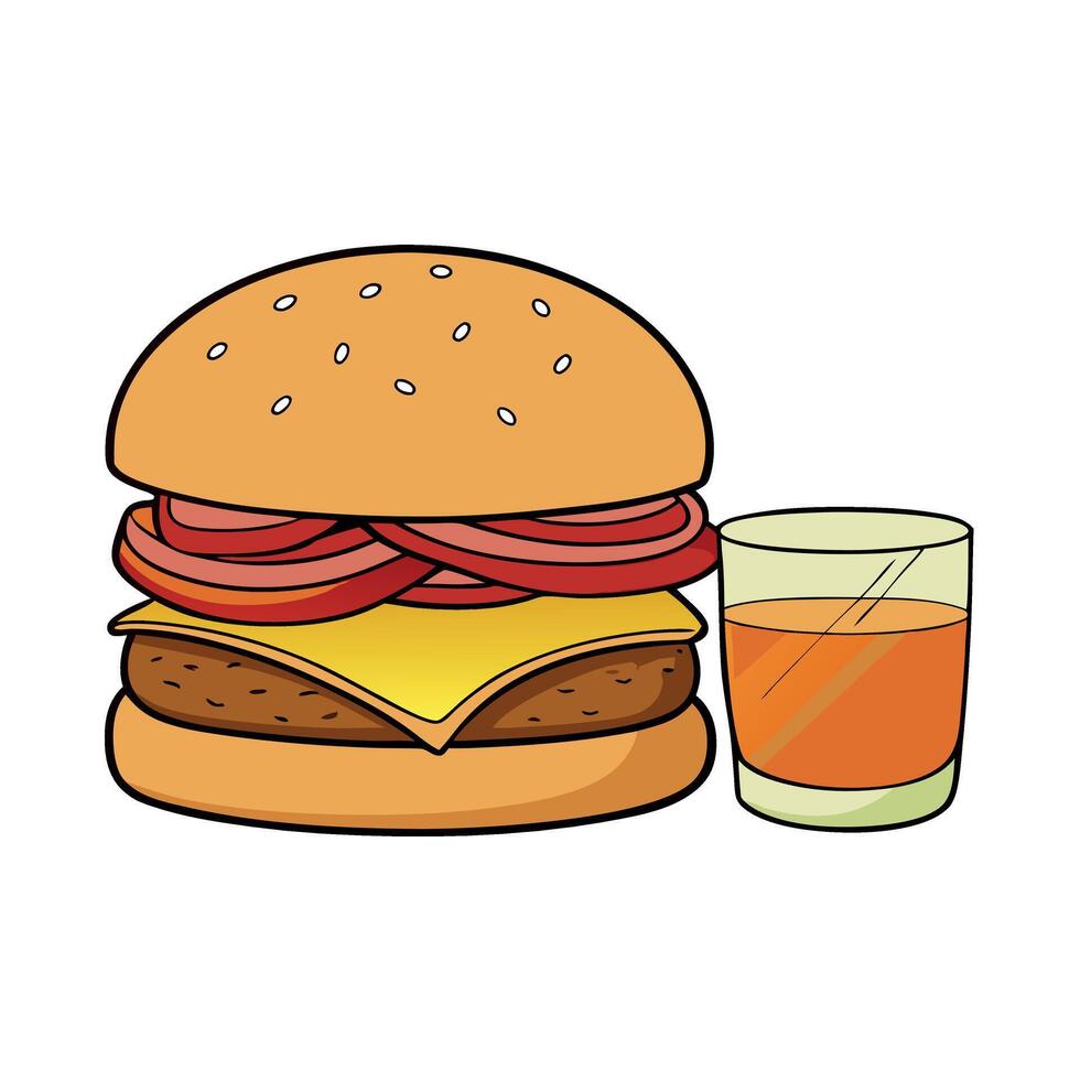 A delicious triple-meat hamburger with bacon and yellow cheese. accompanied by a glass of whiskey vector