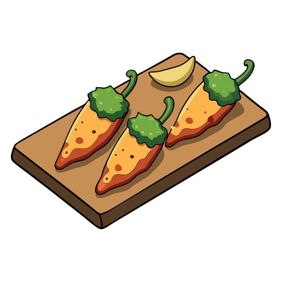 Delicious Cheddar and Bacon Stuffed Jalapenos. Garnished with Fresh Herbs on a Rustic Wooden Board vector