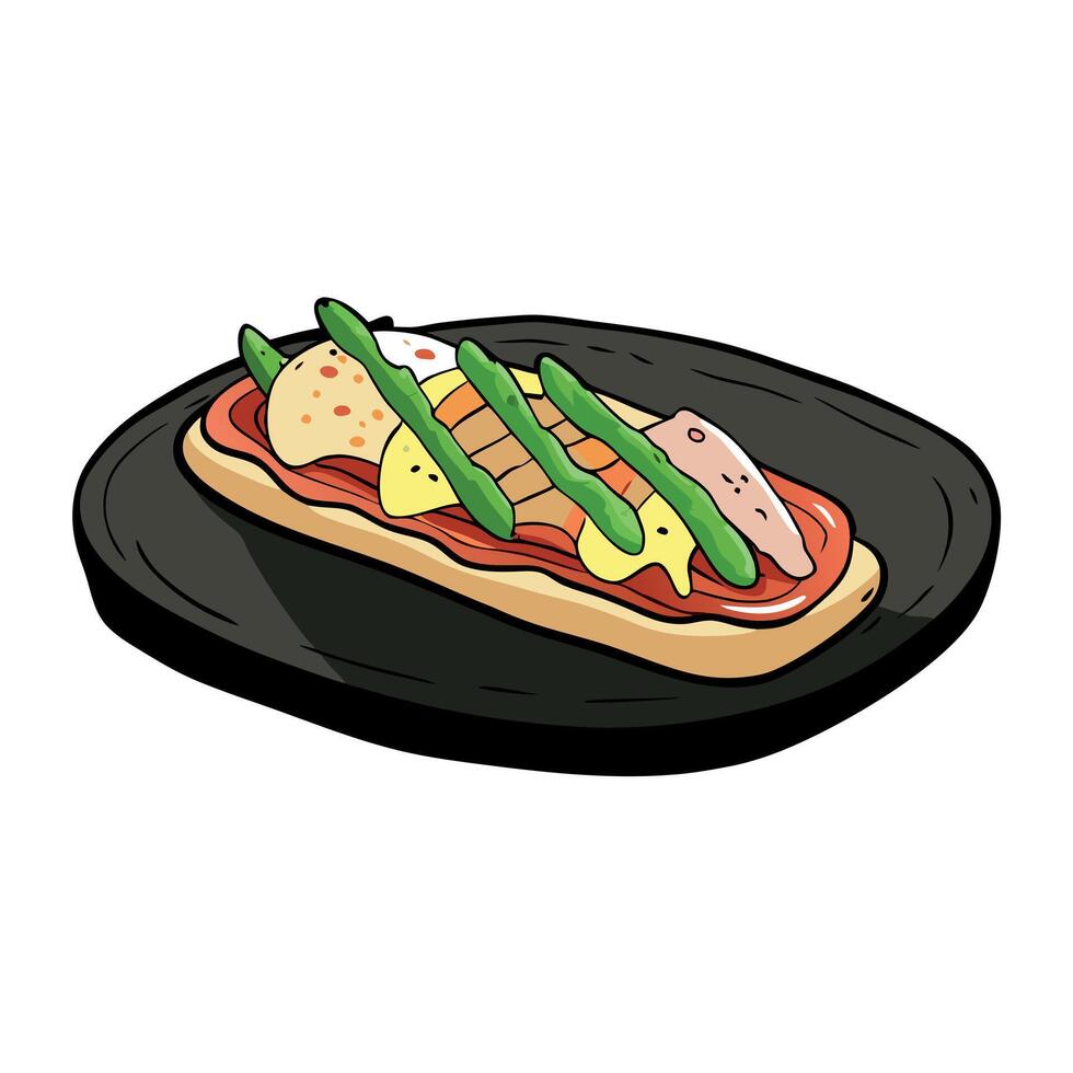 A pizza topped with asparagus and bacon on top of a piece of croissant bread on a black surface. vector