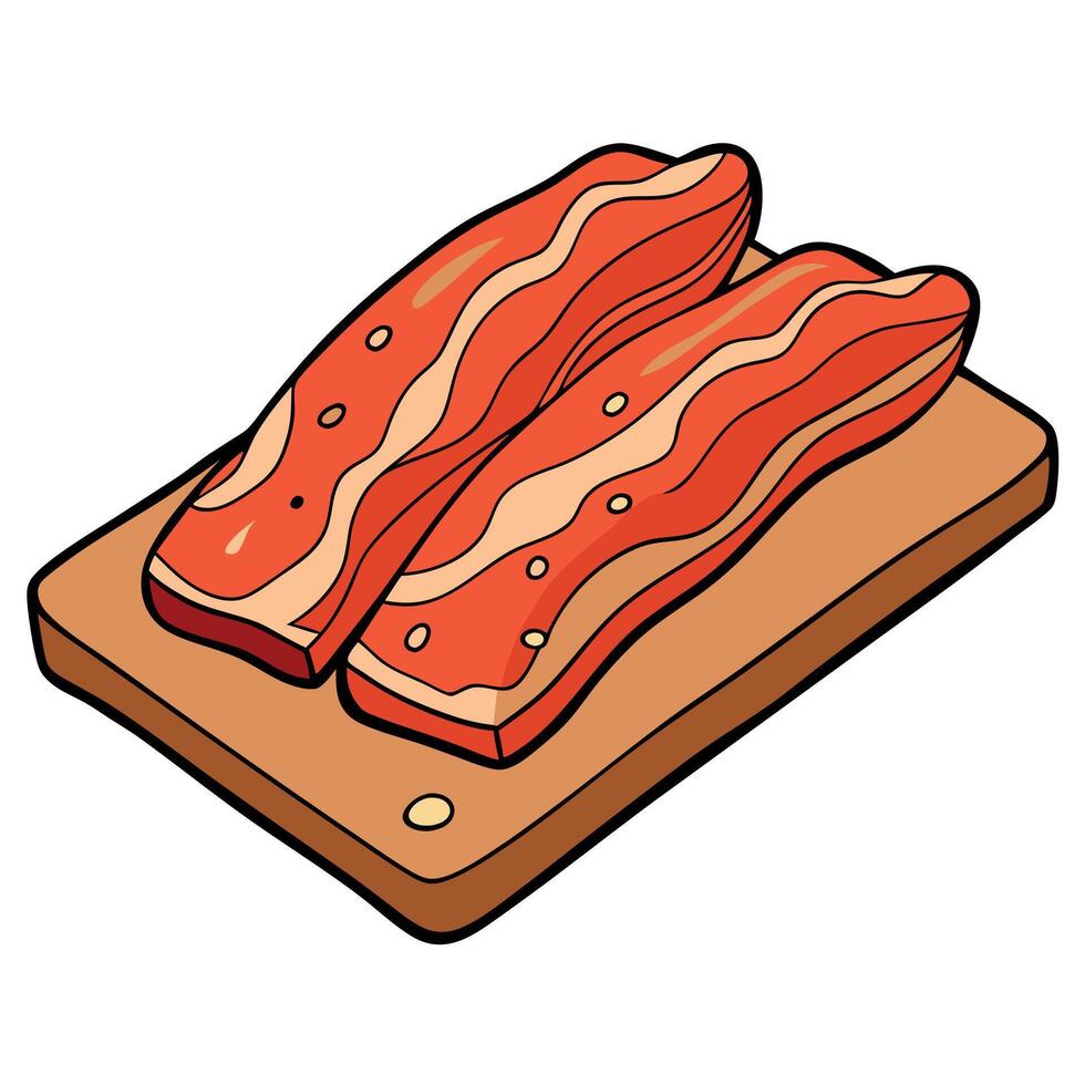Gourmet raw bacon slices with seasonings on wooden board. Natural and tasty product. Fresh meat. vector