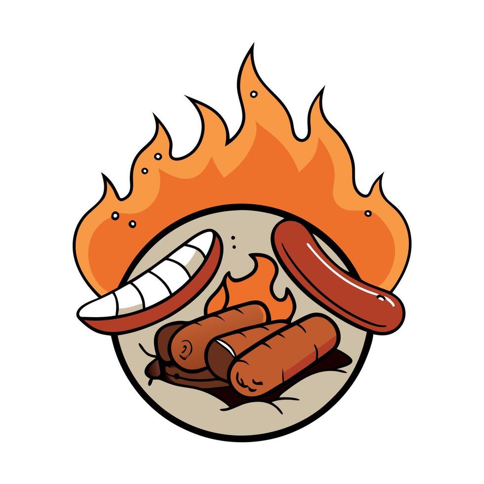 Juicy barbeque. sausages. burgers. and bacon. tasty. smokey. with visible fire in the background vector