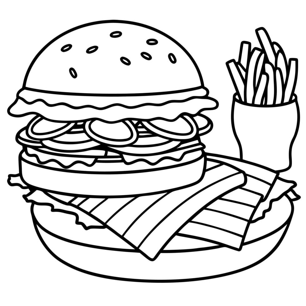 Deluxe grilled burger with bacon and gorgonzola served with fries in a cozy restaurant setting vector
