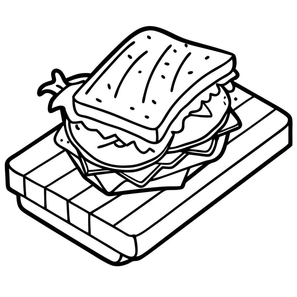 Grilled sandwich with fresh vegetables. crispy bacon. and melted cheese on rustic wooden board vector