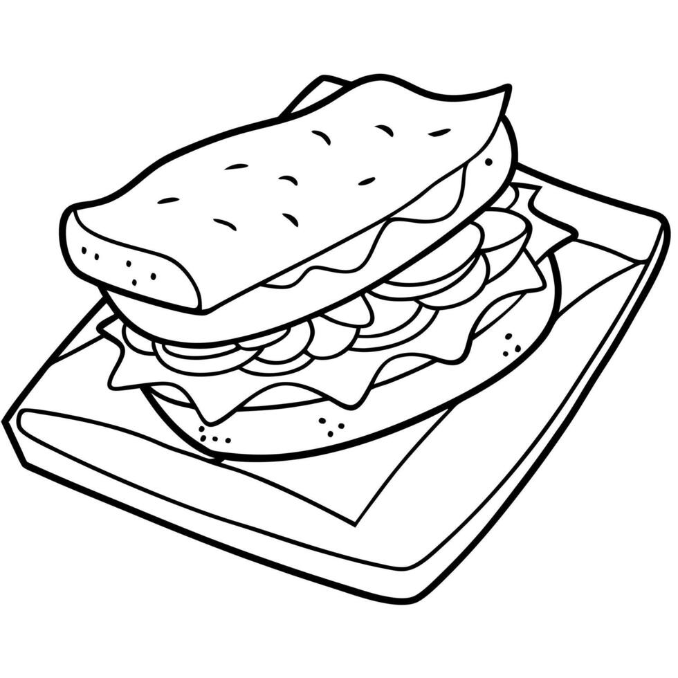 A sandwich with meat. lettuce. tomatoes. and cheese on a sheet of wax paper. placed on the table vector