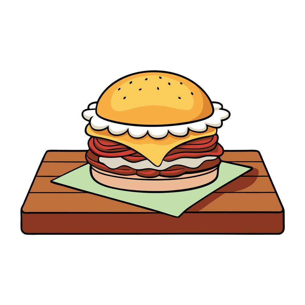 Burger with meat. eggs. and bacon in a restaurant. American food. Gourmet meal on wooden table. vector