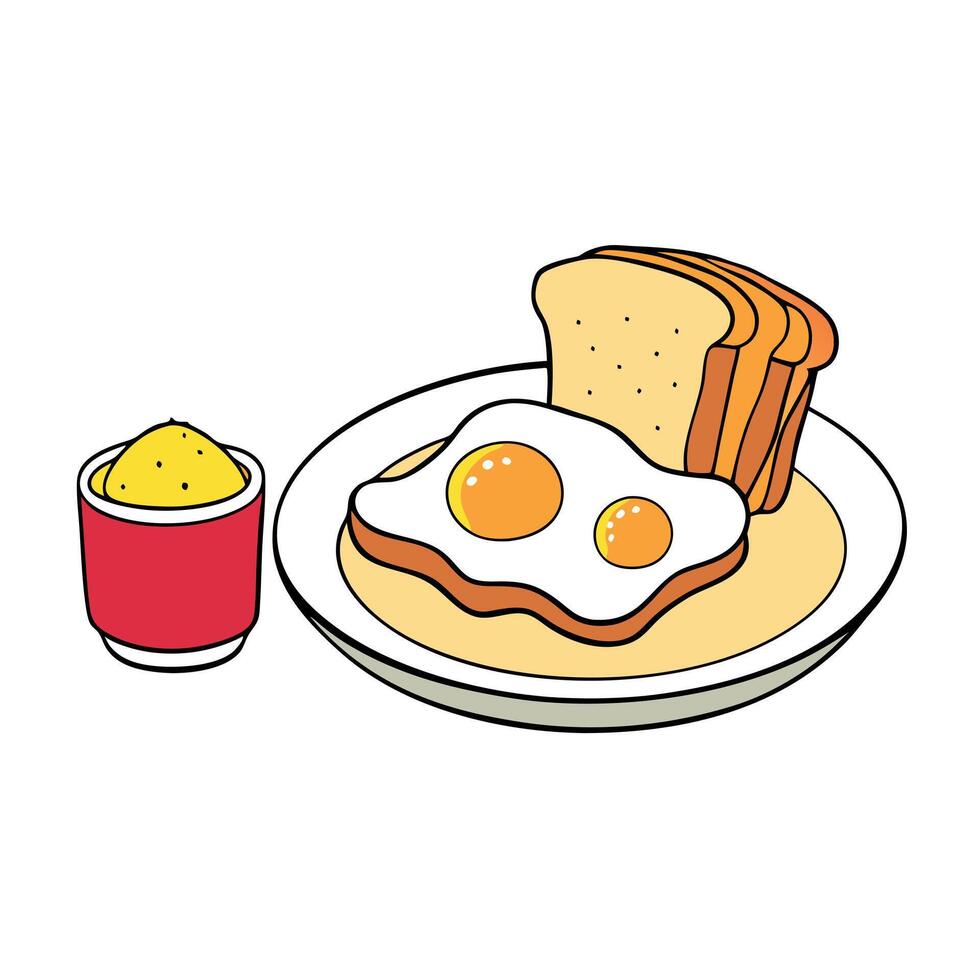 A breakfast serving of scrambled eggs. crispy bacon. and golden toast slices. on a light surface vector