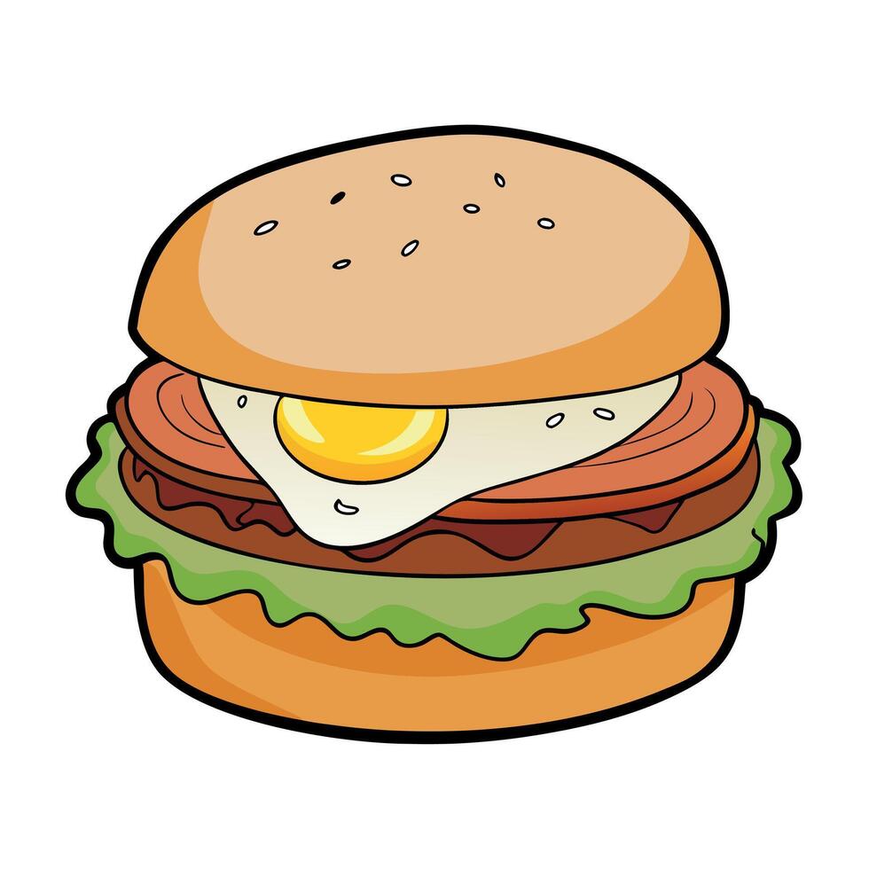 Breakfast sandwich with a toasted bagel filled with eggs. bacon or sausage. cheese. and avocado. vector
