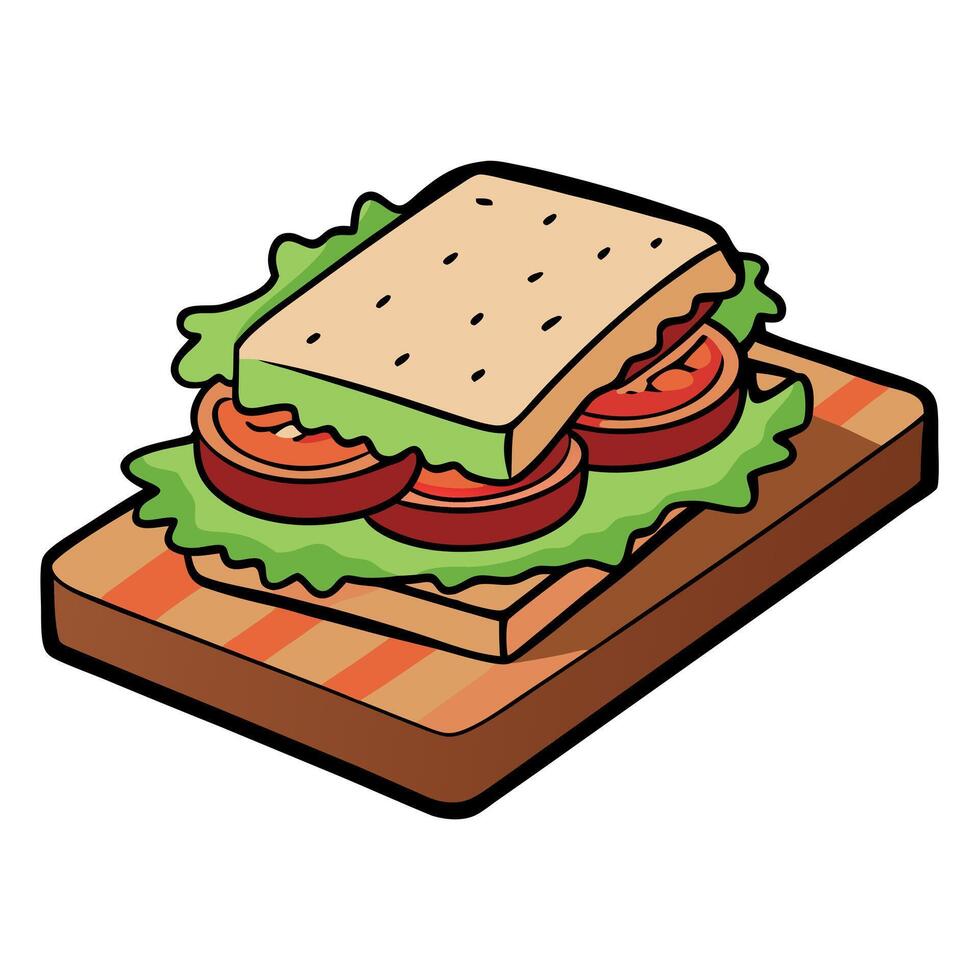 Delicious blt sandwich with crisp bacon. fresh lettuce. and ripe tomato slices on a wooden board vector