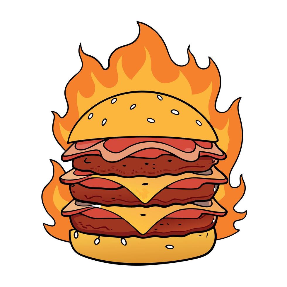 A perfectly stacked burger with melted cheese and crispy bacon. against a backdrop of flames vector