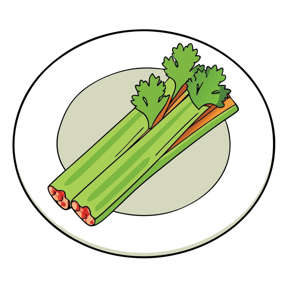 Celery Sticks with Crumbled Bacon and Parsley on White Plate. Celery. Bacon. Appetizer. Garnish vector