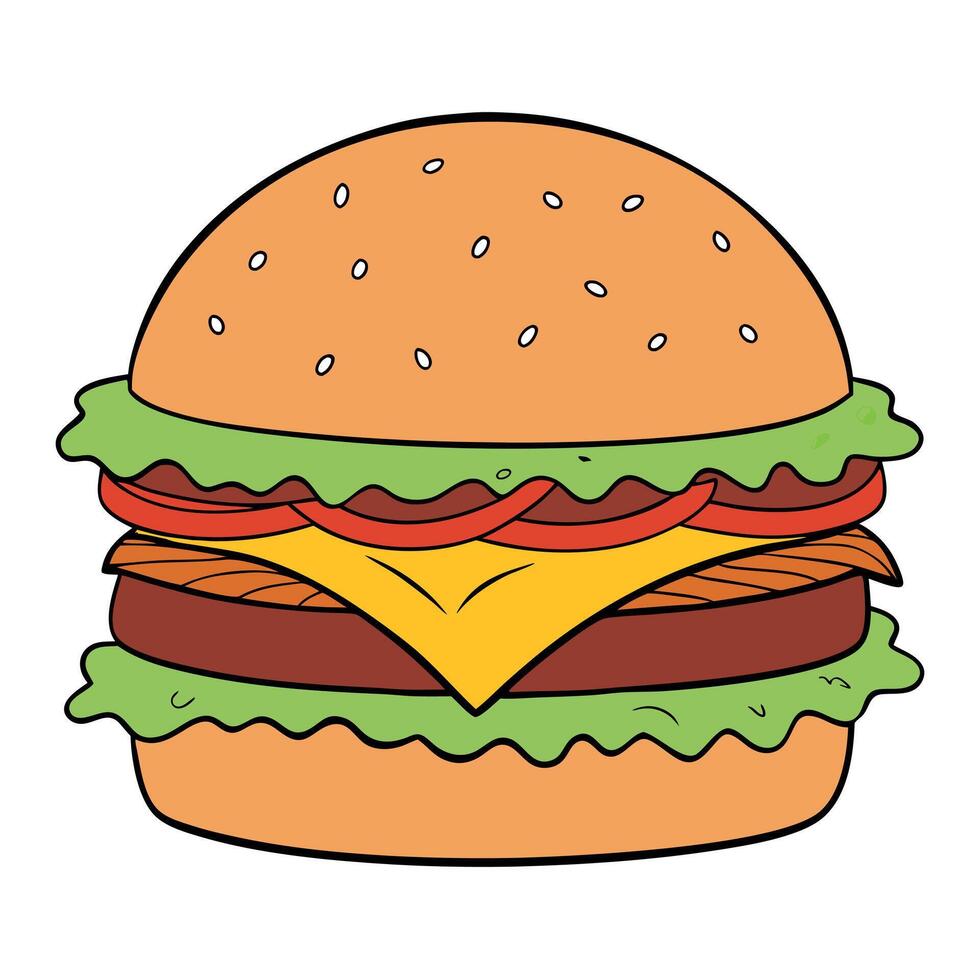 Oversized cheeseburger with bacon and lettuce. in the style of christcore. classic. traditional vector