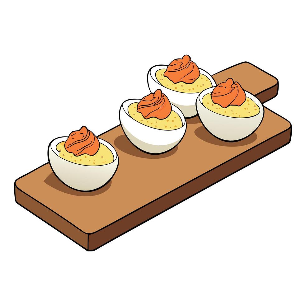 Bacon Cheddar Deviled Eggs on wooden board. Horizontal. side view. close-up. Festive atmosphere. vector