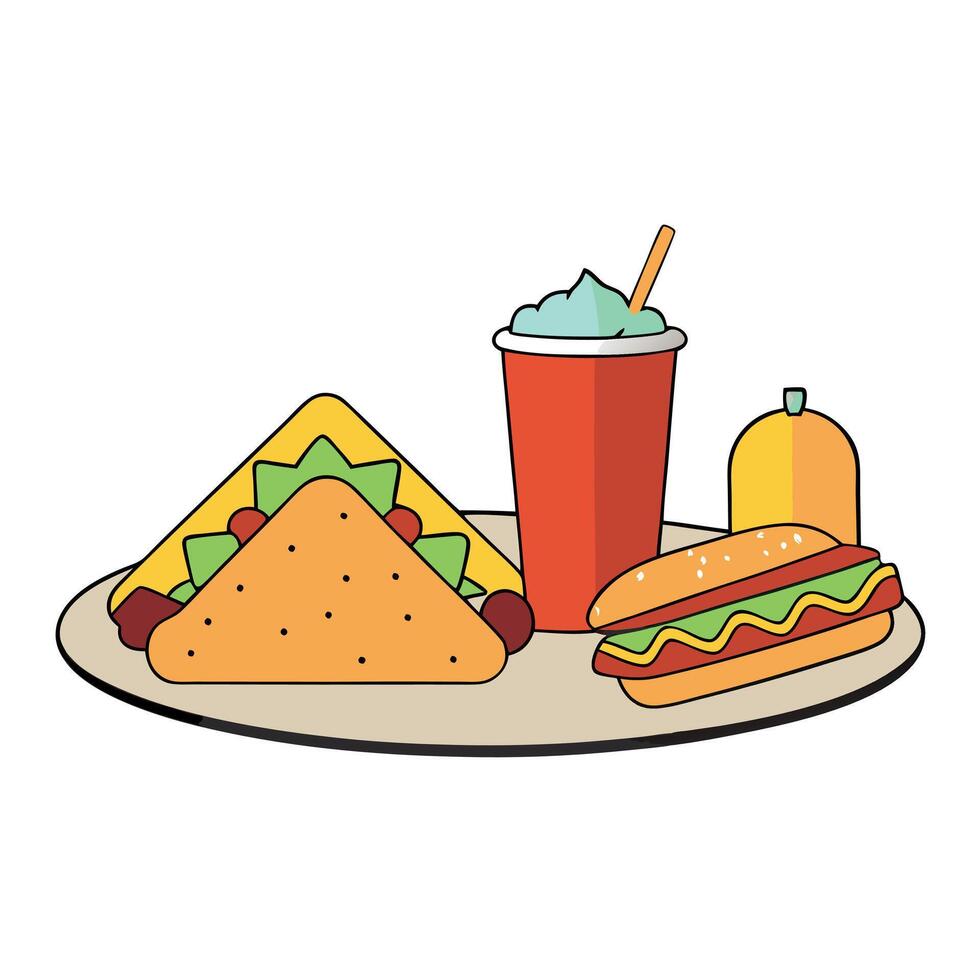 A platter of fast food items including hot dogs. nachos with cheese. and a soda. set against vector