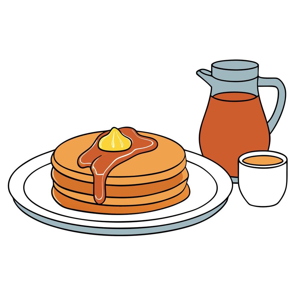 Buckwheat pancakes with a side of crispy bacon and a small jug of maple syrup on modern plate. vector