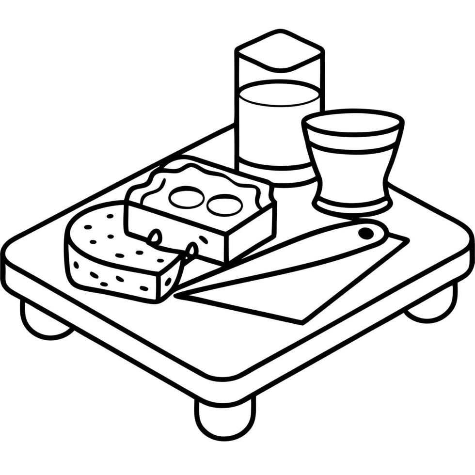 A wooden table holds a cutting board laden with various cheeses Above it rests a glass of honey vector