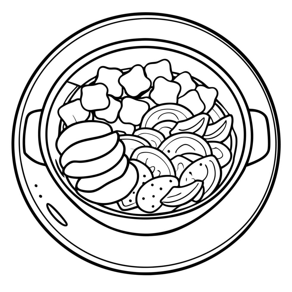 Dumplings potatoes and bacon in a bowl on a wooden table from top view with space for text vector