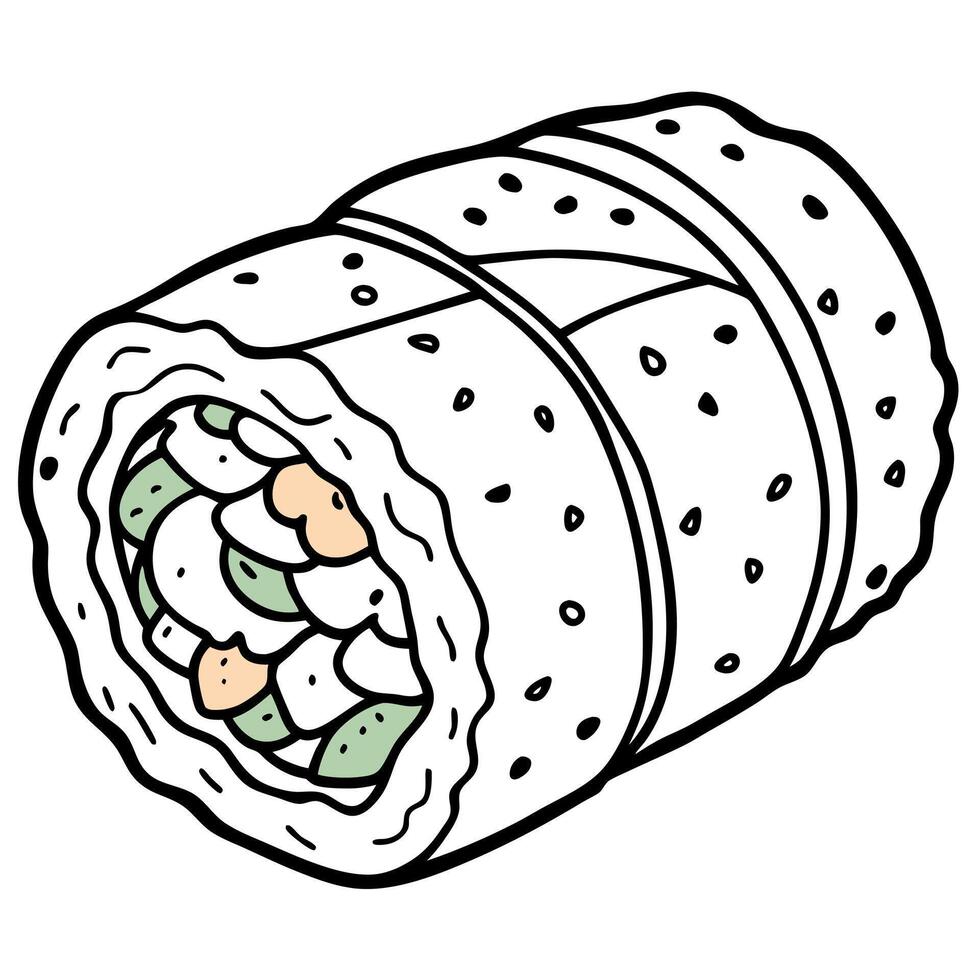 Chicken Uramaki Sushi with Bacon. Processed Cheese. Tomato. Green Onion. Black and White vector