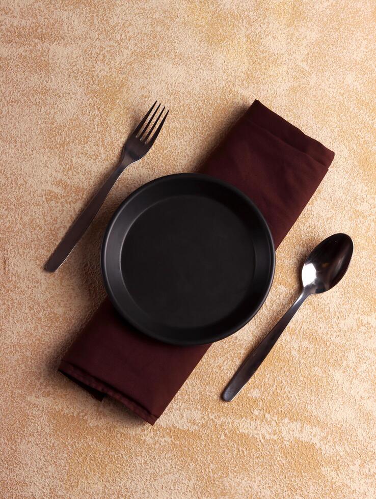 plate fork spoon silver empty background table mockup silver dinner kitchen minimalism display cafe photo