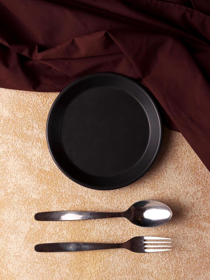 plate fork spoon silver empty background table mockup silver dinner kitchen minimalism display cafe photo