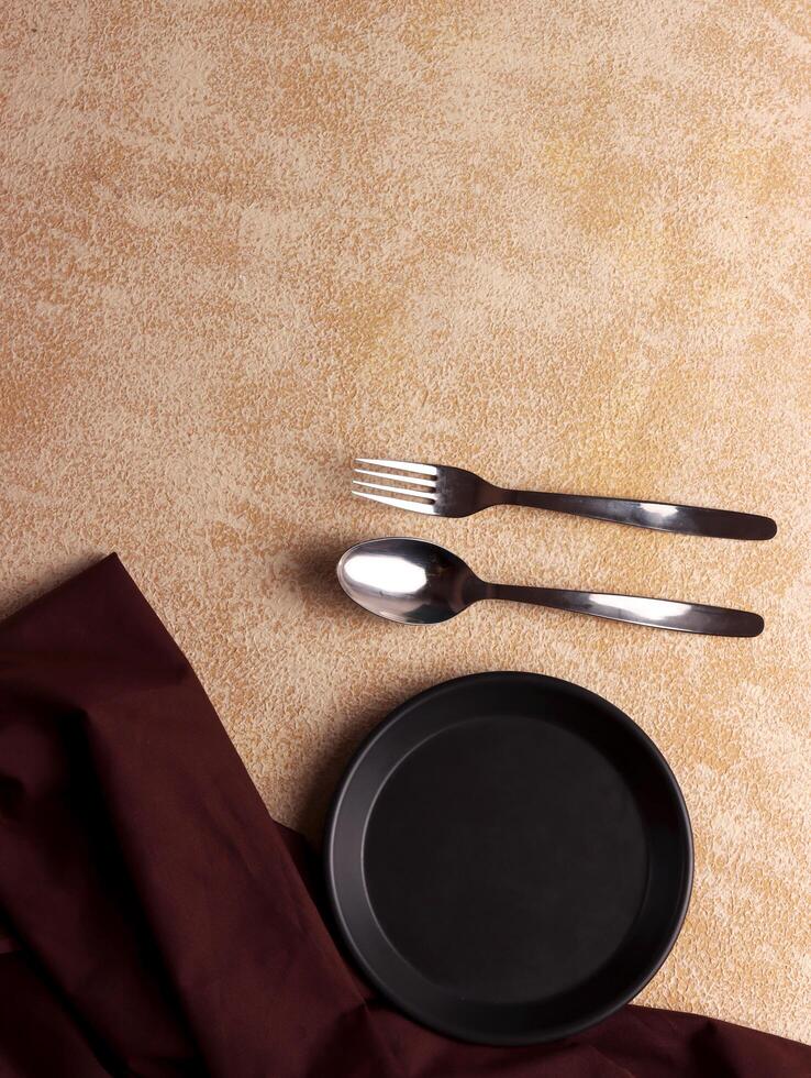 plate fork spoon silver empty background table mockup silver dinner kitchen minimalism display cafe photo
