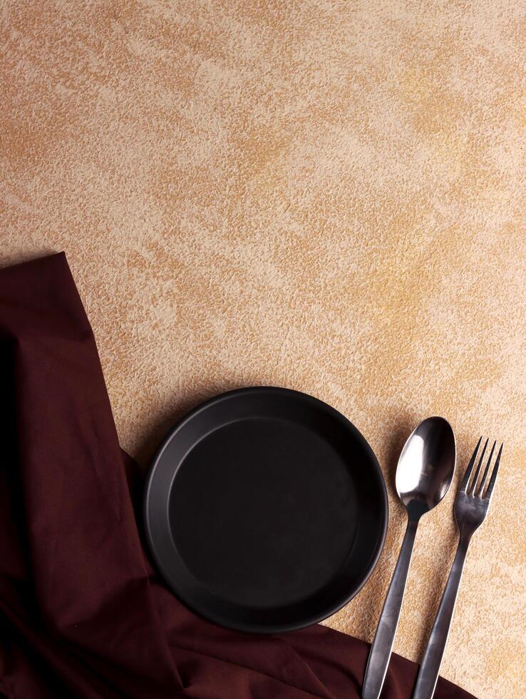plate fork spoon silver empty background table mockup silver dinner kitchen minimalism display cafe photo