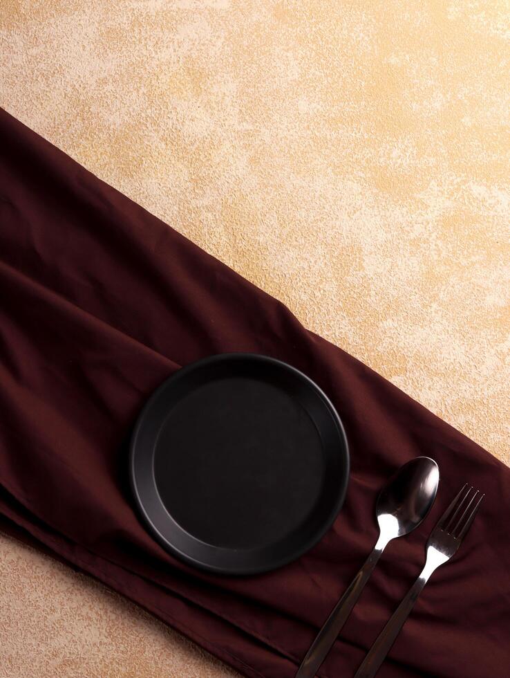 plate fork spoon silver empty background table mockup silver dinner kitchen minimalism display cafe photo