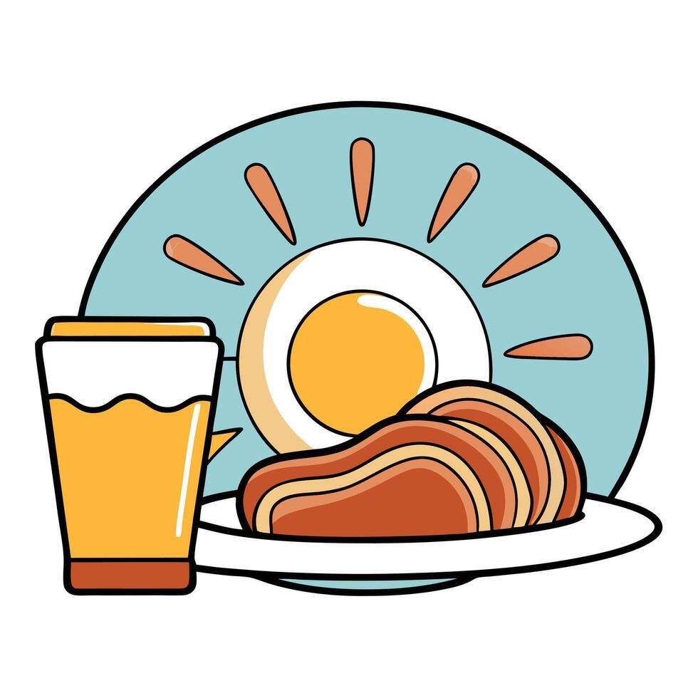 Awesome breakfast with fried eggs. bacon strips and coffee on blurry sunbeam background. vector