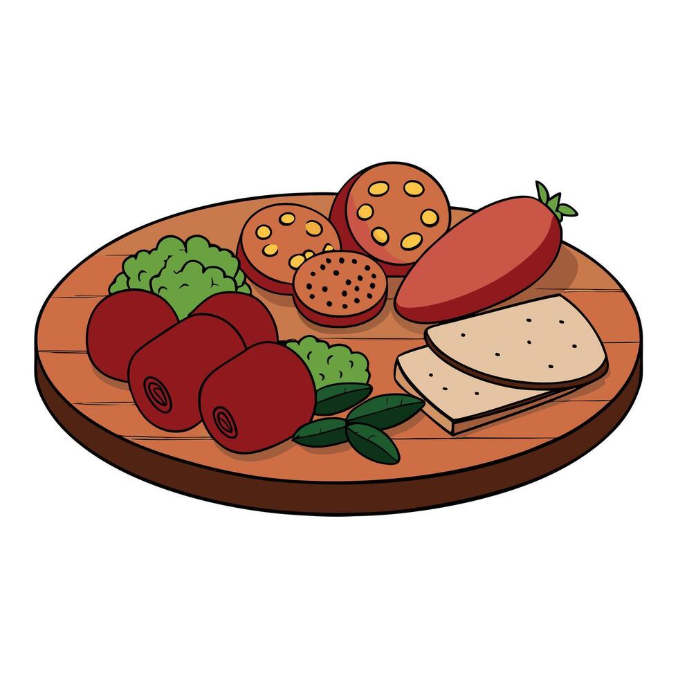 A wooden platter with a variety of meats and vegetables. including salami. pepperoni. and basil vector