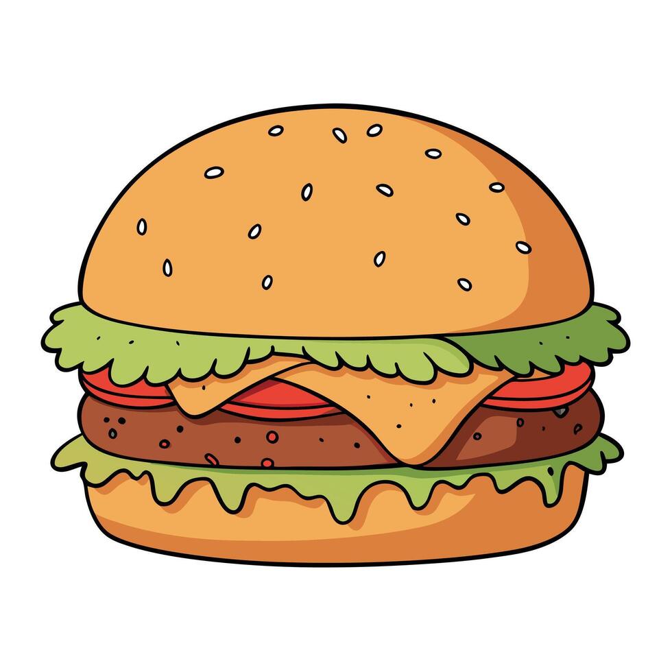 Large burger with melted cheese. crispy bacon. and fresh toppings is waiting to be eaten vector