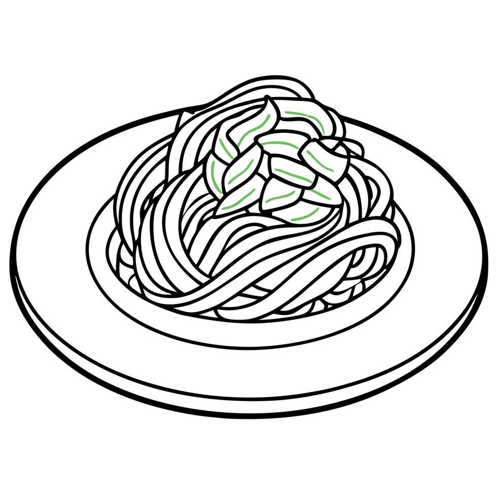 A plate of pasta. possibly tagliatelle or fettuccine. generously coated with a green sauce vector