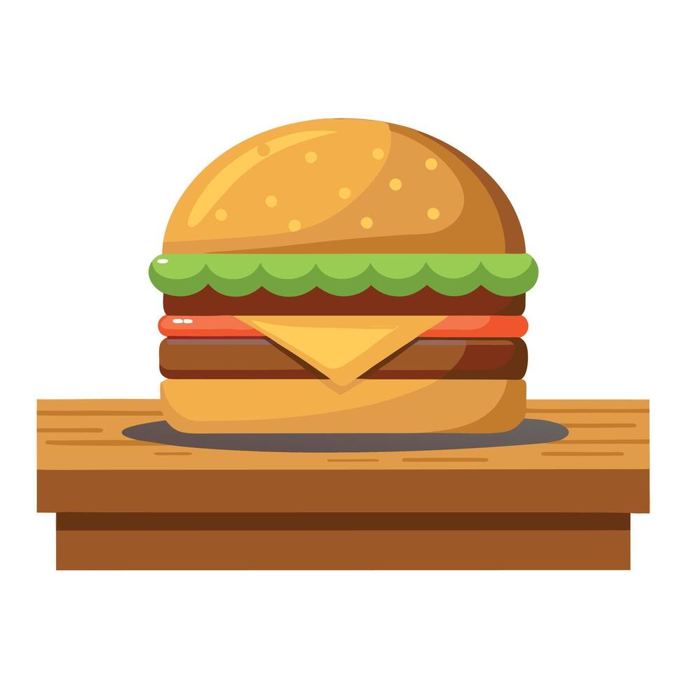 Burger at wooden tabletop with blurred bar at backdrop. One hamburger at wooden table. Fastfood bann vector