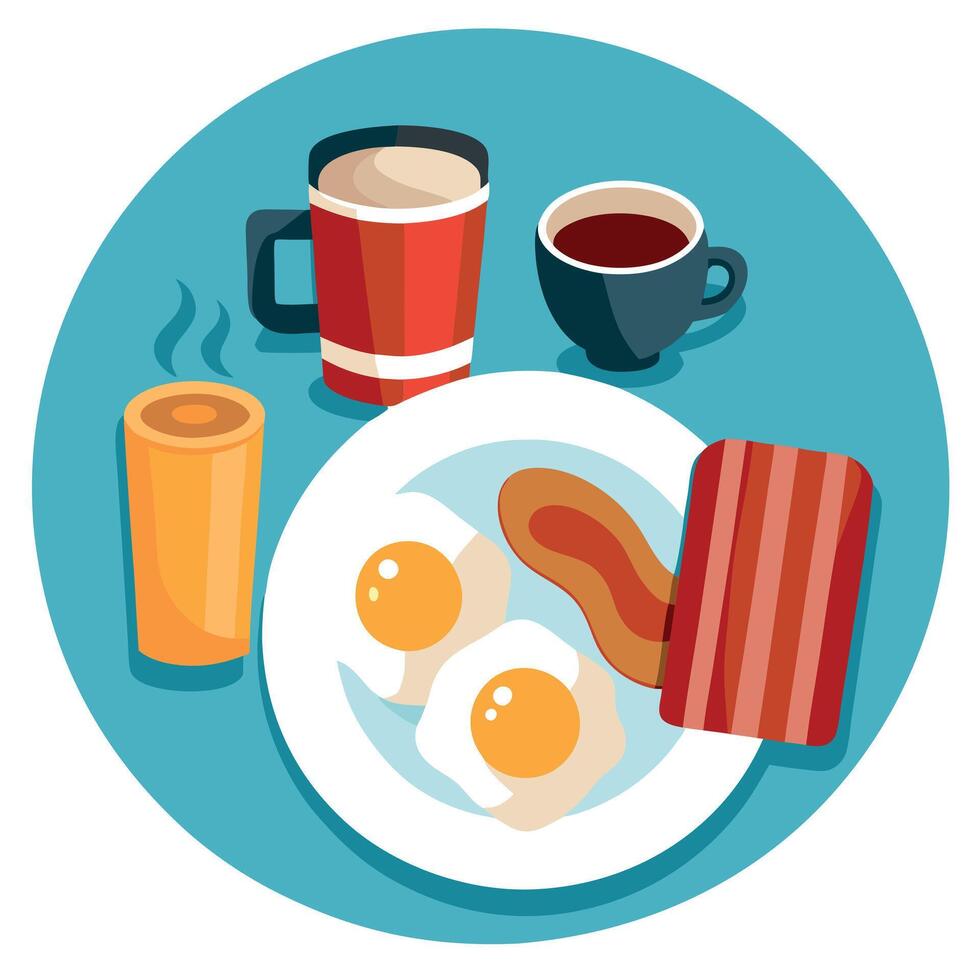 A delicious breakfast setup with fried eggs. crispy bacon. hash browns. and a cup of hot coffee at a vector