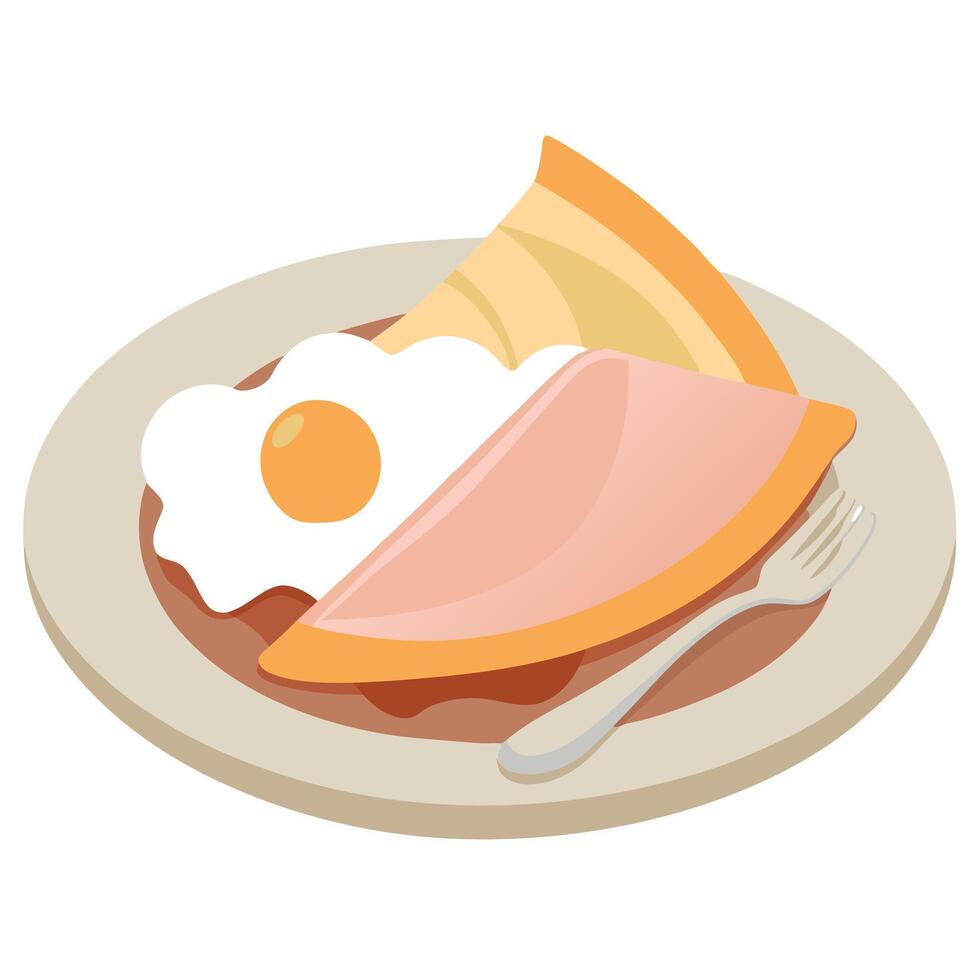 Crepe with ham and poached eggs on a white ceramic plate. Elegant breakfast idea. Horizontal. close- vector