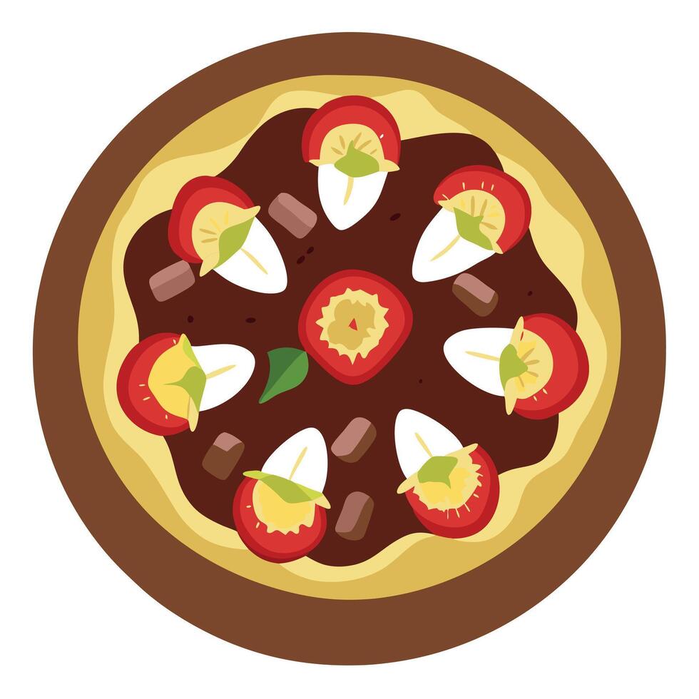 A dessert pizza topped with Nutella. strawberries. and bananas. almost too pretty to eat but too tem vector
