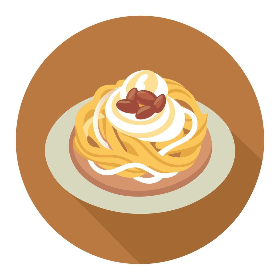 Fettuccine Carbonara in a plate. Pasta with carbonara sauce and bacon. Brown background. side view. vector
