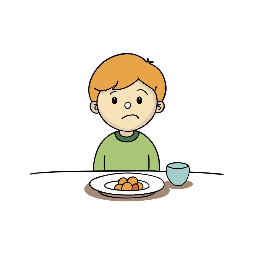 A kid refusing to eat breakfast looking unhappy with a little bit of food on the plate vector