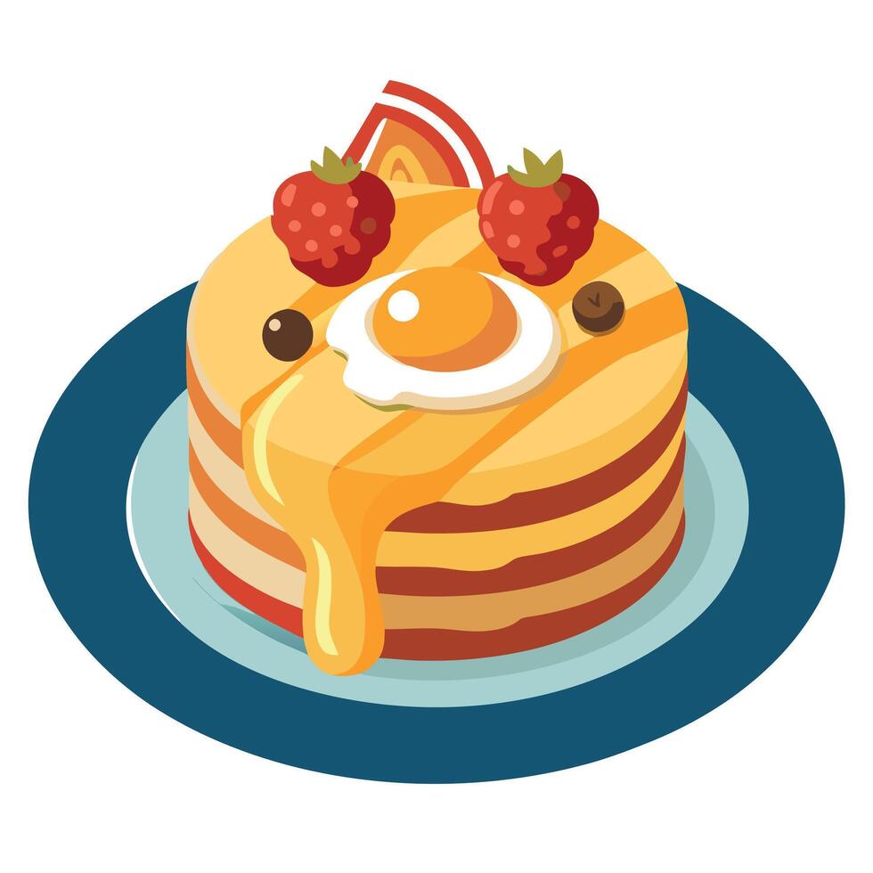 Delicious breakfast featuring fluffy pancakes topped with berries. bacon. scrambled eggs. and a driz vector