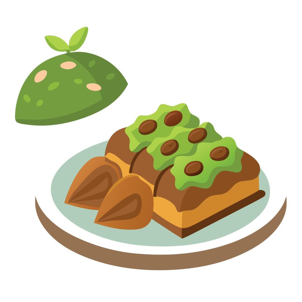 Chocolate baklava with pistachio on white. baklava dish with dry pieces . Turkish food item vector