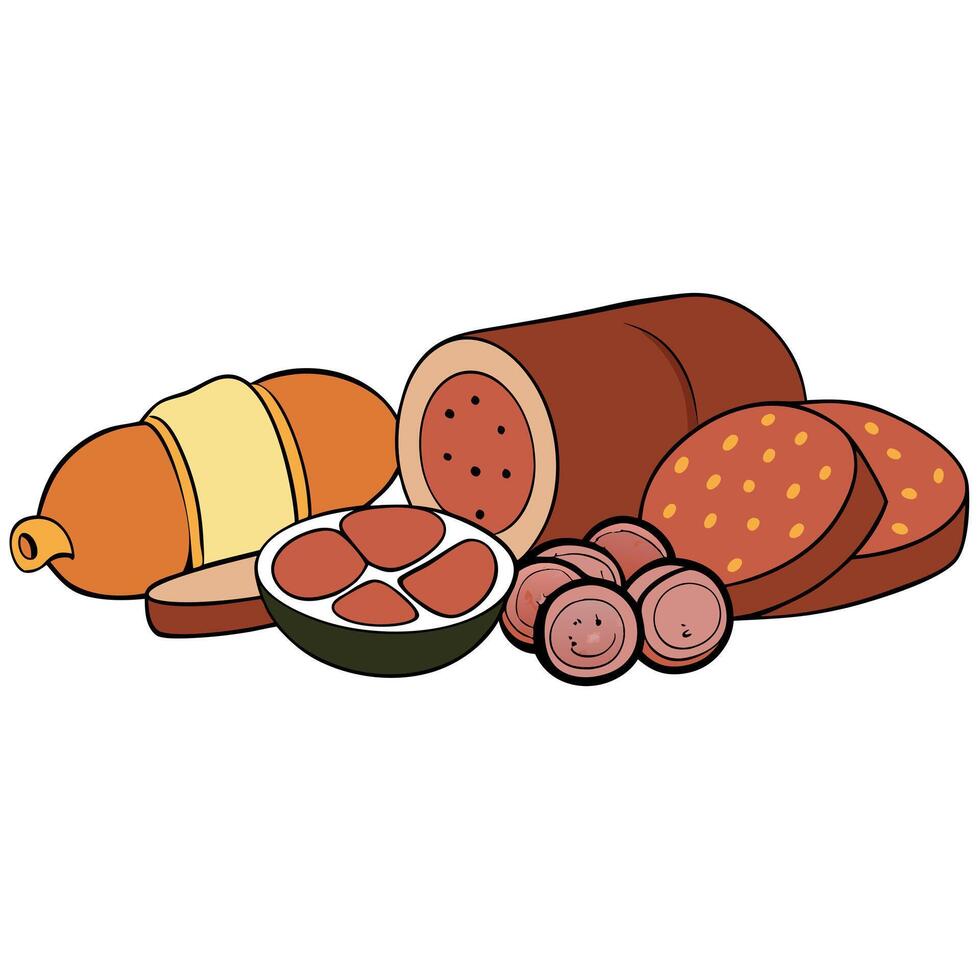 Assortment . sliced meat appetizer. prosciutto. salami and ham. with olives on white table vector