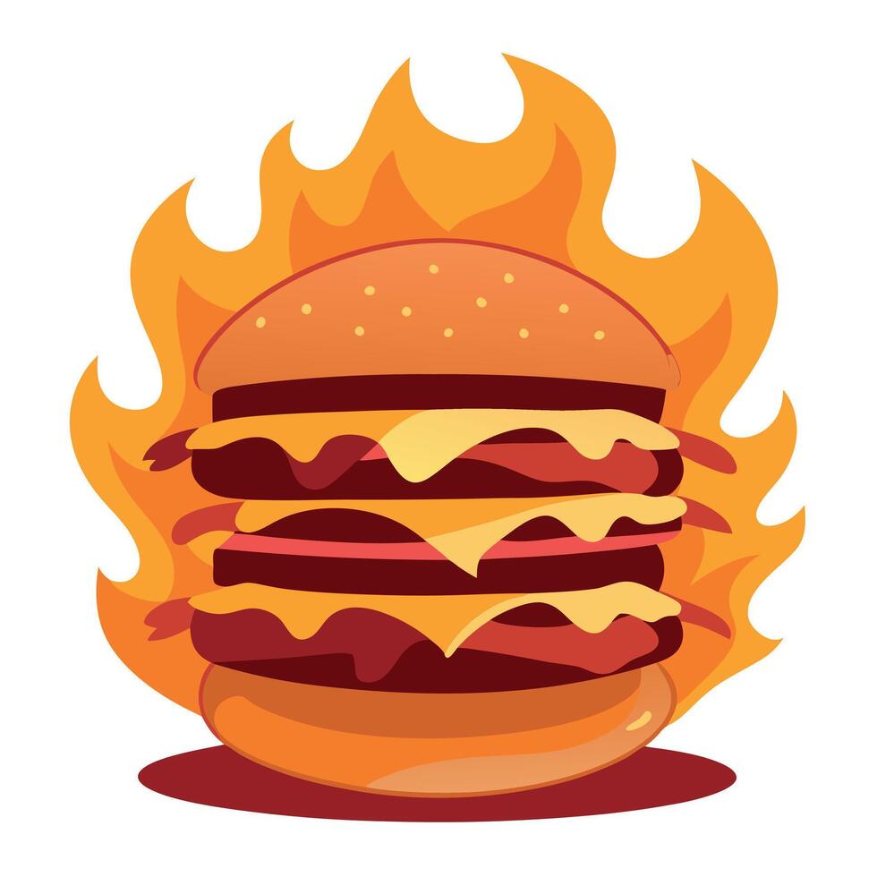 A perfectly stacked burger with melted cheese and crispy bacon. against a backdrop of flames vector