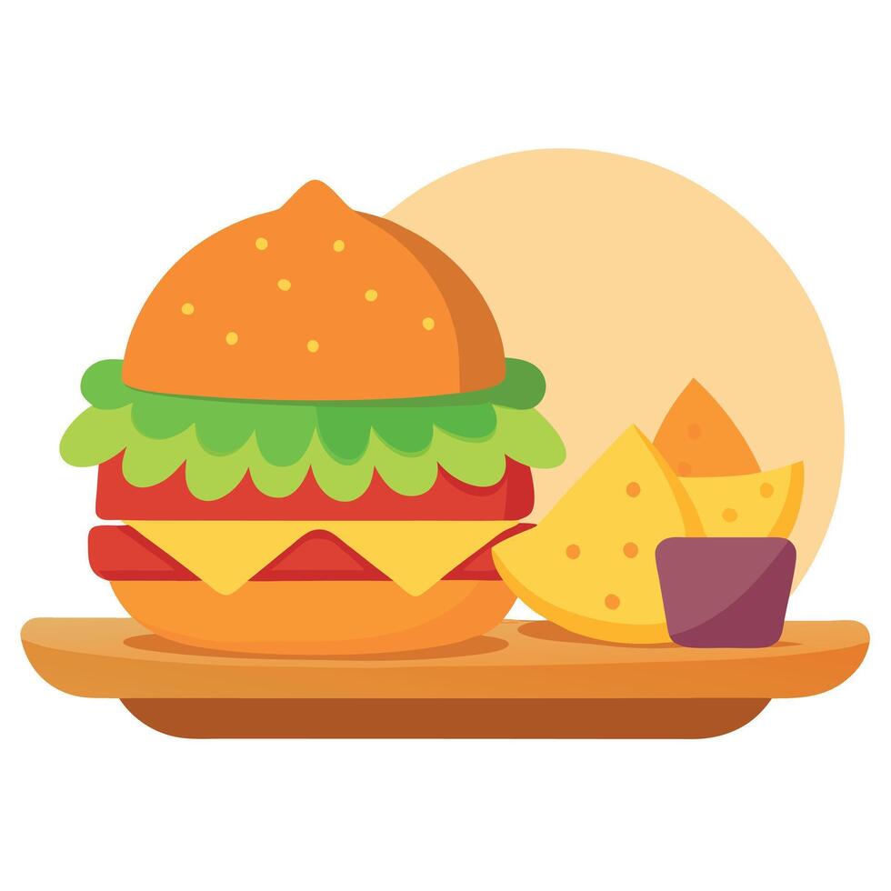 A hamburger with cheese and onions on a bun sits on a wooden table next to a plate of nachos vector