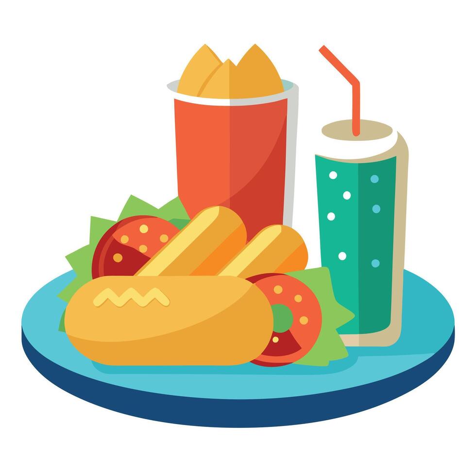 A platter of fast food items including hot dogs. nachos with cheese. and a soda. set against vector