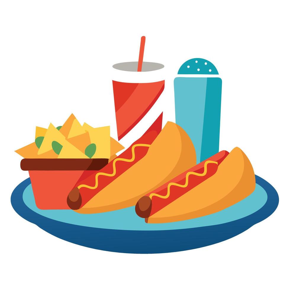 A platter of fast food items including hot dogs. nachos with cheese. and a soda. set against vector