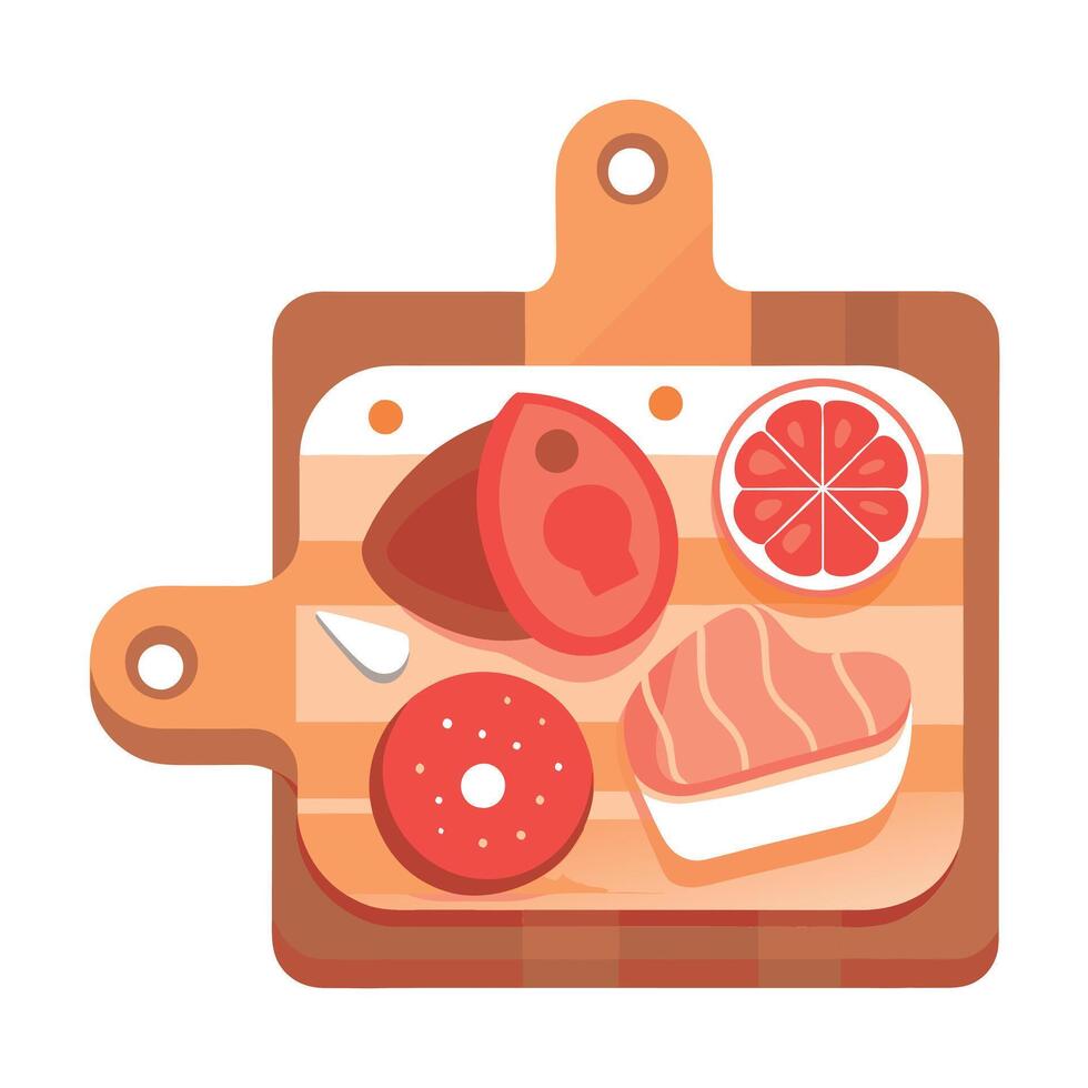 Flat lay of various sliced meat products on a cutting board. displayed on a table with room for text vector